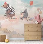 Animals On Bicycles Wallpaper : Pink Sky Kids Mural - View 6