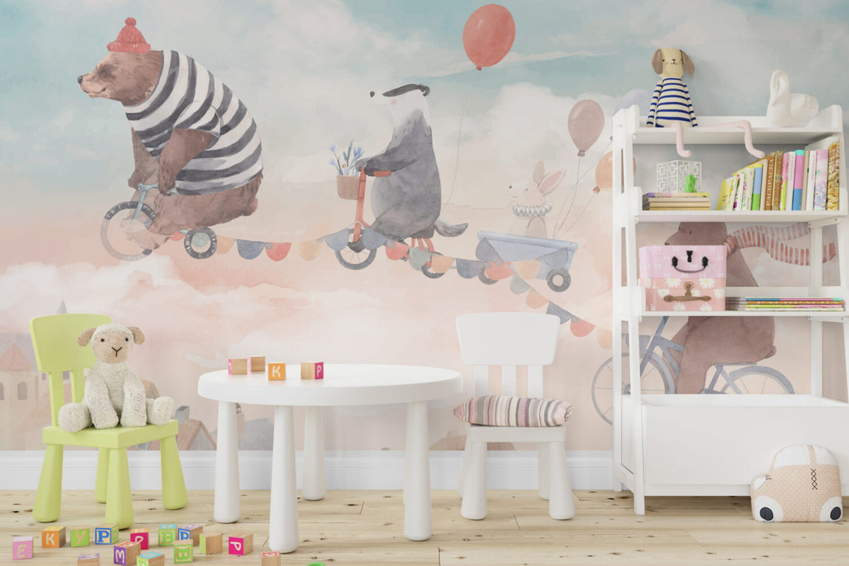 Animals On Bicycles Wallpaper : Pink Sky Kids Mural - View 3
