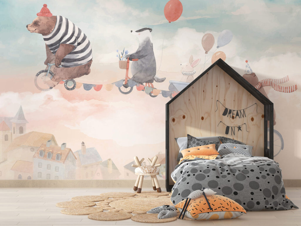 Animals On Bicycles Wallpaper : Pink Sky Kids Mural - View 4