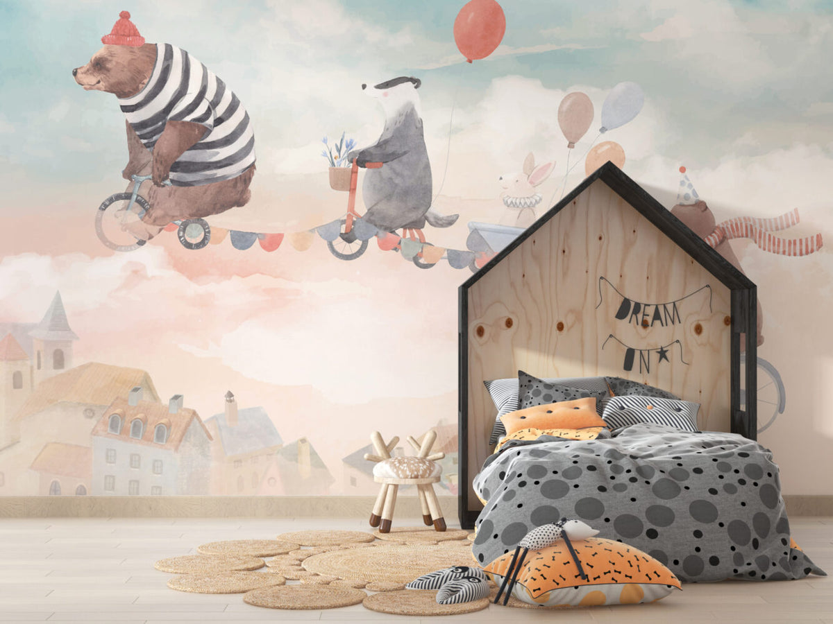 Animals On Bicycles Wallpaper : Pink Sky Kids Mural - View 4