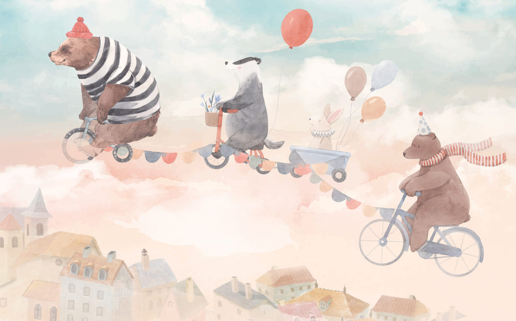 Animals On Bicycles Wallpaper : Pink Sky Kids Mural - View 2