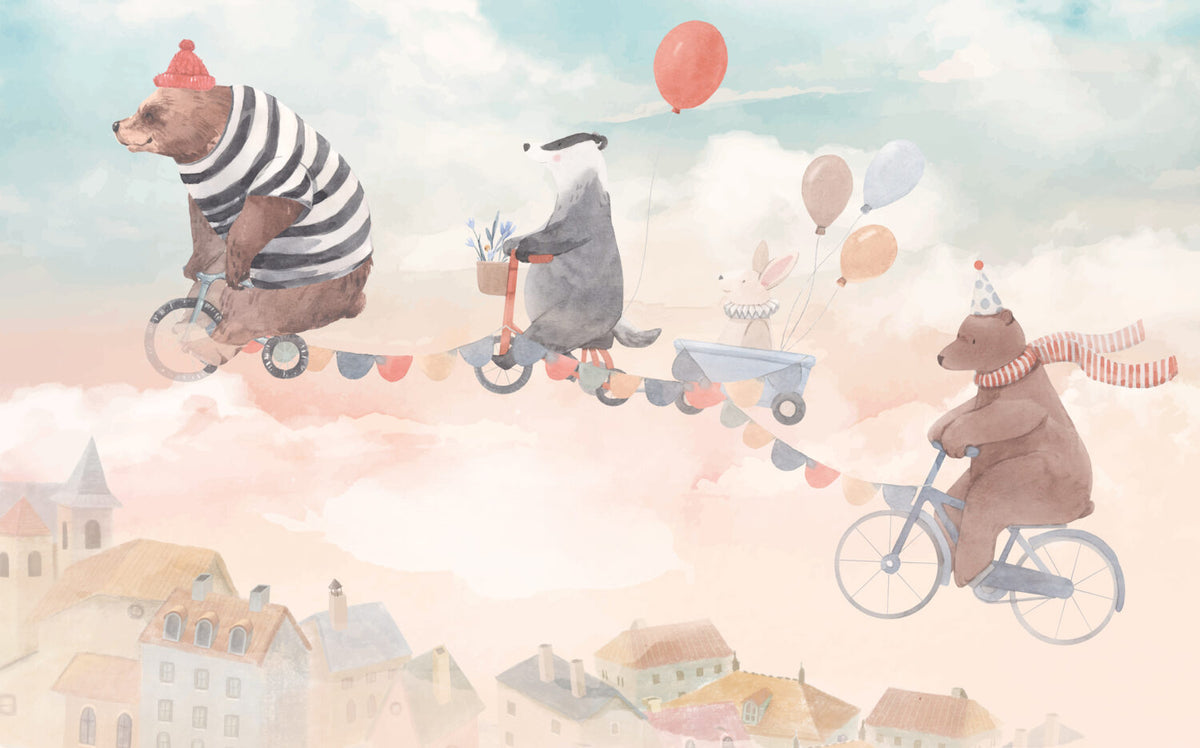 Animals On Bicycles Wallpaper : Pink Sky Kids Mural - View 2