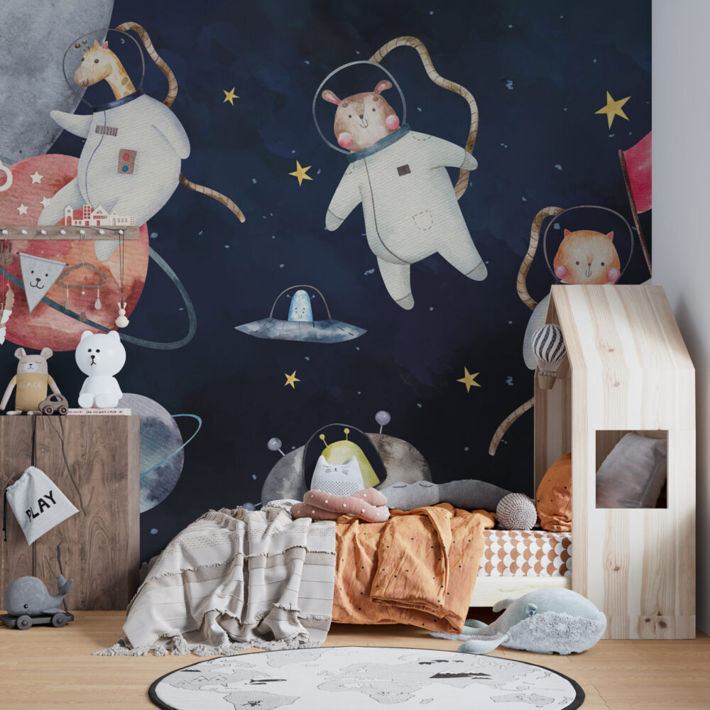 Space Animal Astronauts Wallpaper : Watercolour Galaxy Kids Mural - View 6