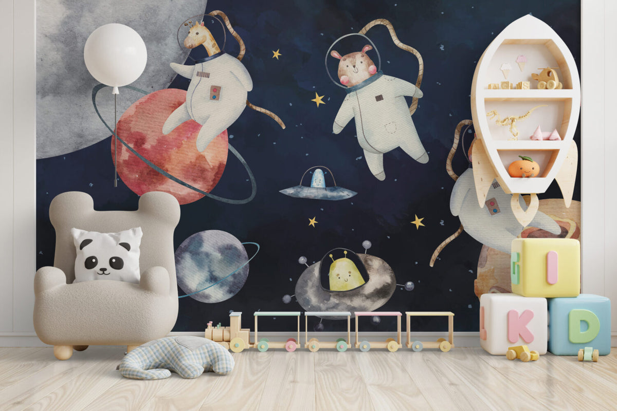 Space Animal Astronauts Wallpaper : Watercolour Galaxy Kids Mural