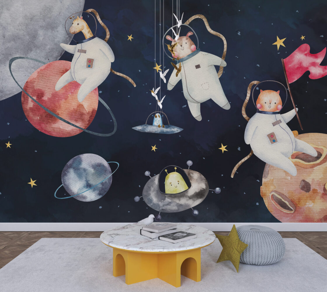 Space Animal Astronauts Wallpaper : Watercolour Galaxy Kids Mural - View 3