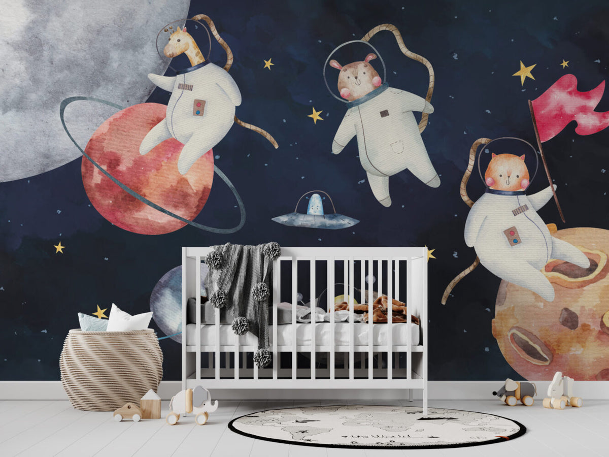Space Animal Astronauts Wallpaper : Watercolour Galaxy Kids Mural - View 4