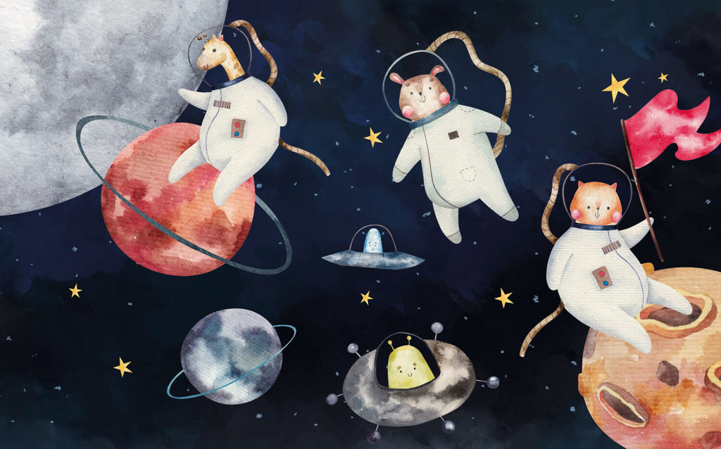 Space Animal Astronauts Wallpaper : Watercolour Galaxy Kids Mural - View 2
