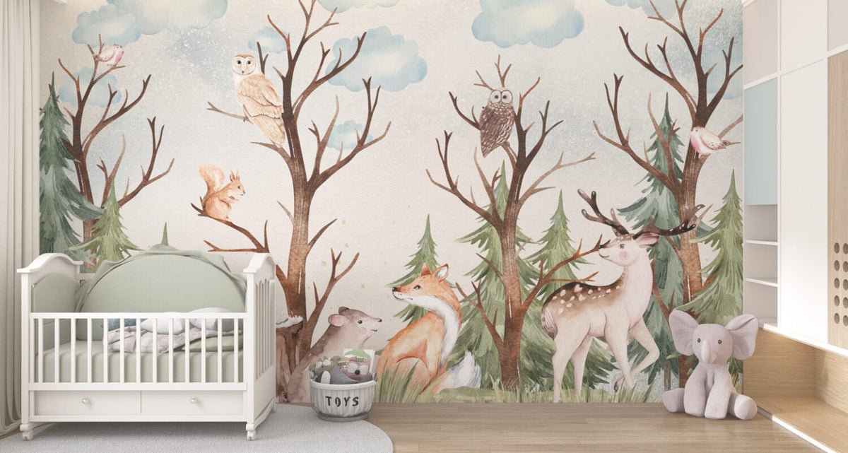 Woodland Deer Fox Wallpaper : Watercolour Forest Nursery Mural