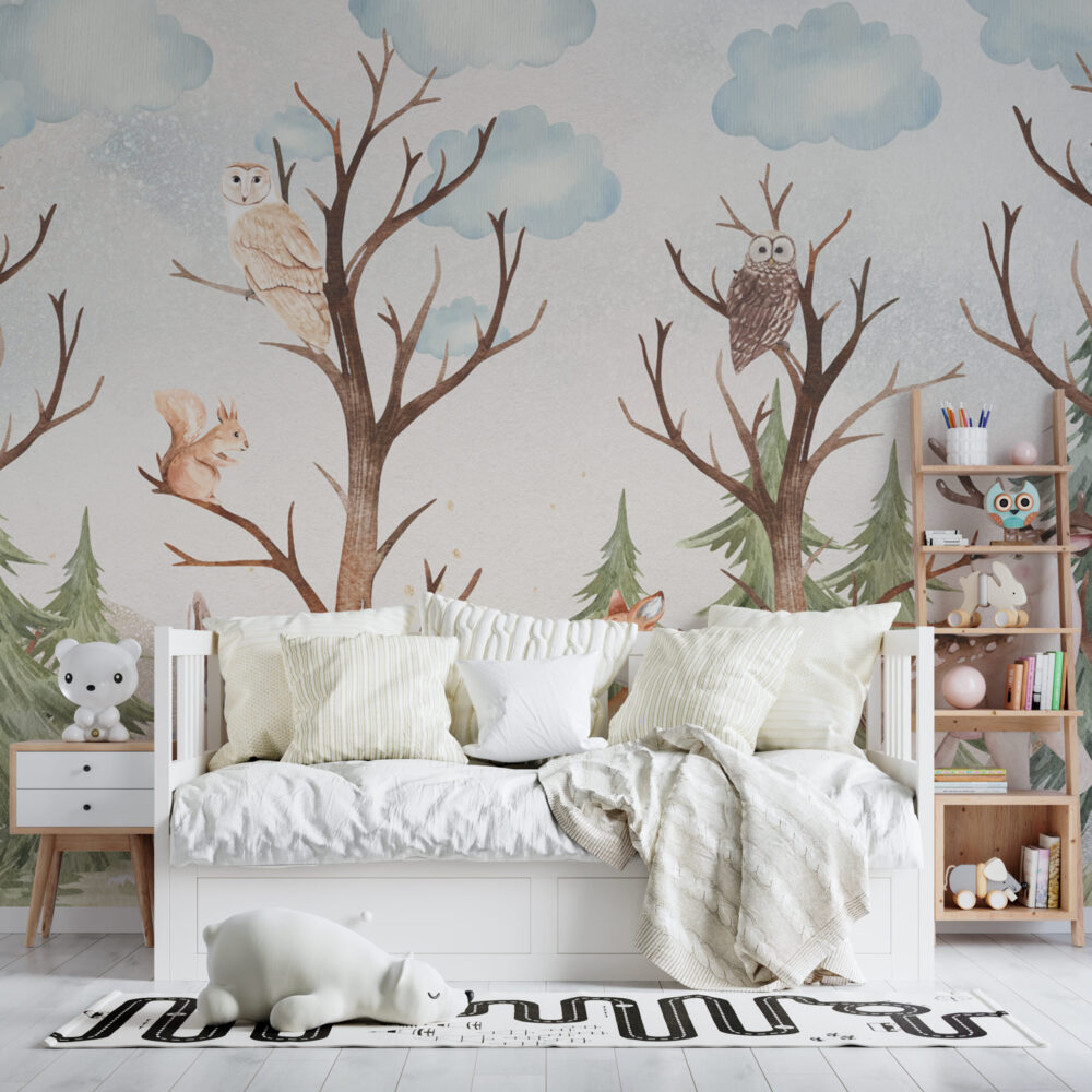 Woodland Deer Fox Wallpaper : Watercolour Forest Nursery Mural - View 3