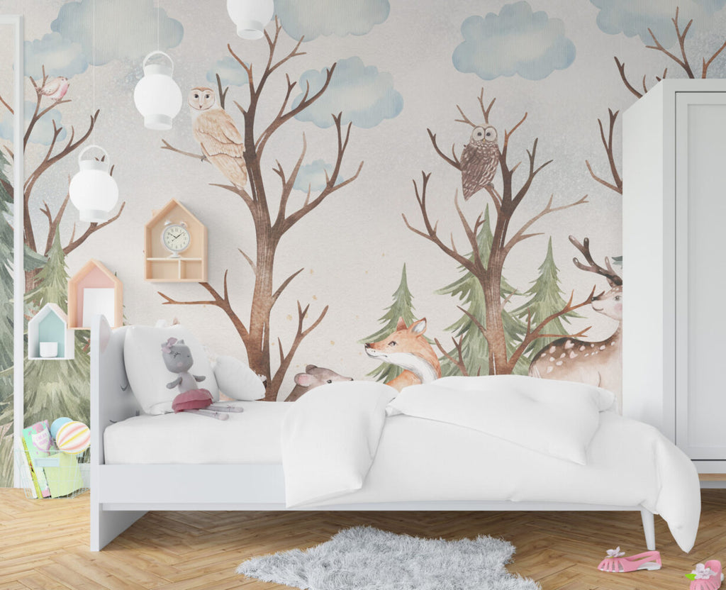 Woodland Deer Fox Wallpaper : Watercolour Forest Nursery Mural - View 4
