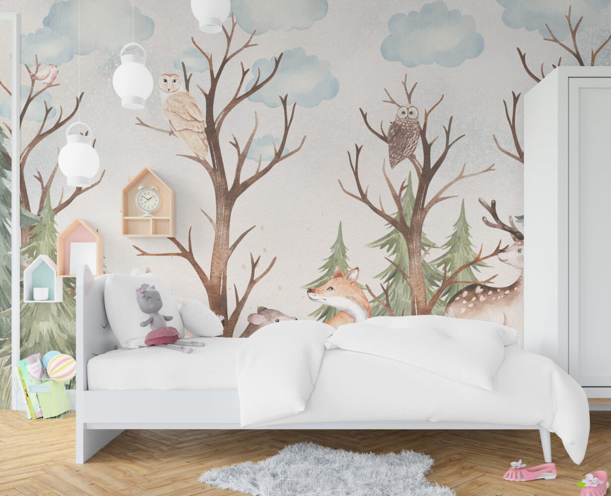 Woodland Deer Fox Wallpaper : Watercolour Forest Nursery Mural - View 4