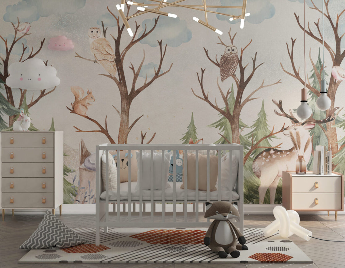 Woodland Deer Fox Wallpaper : Watercolour Forest Nursery Mural - View 5
