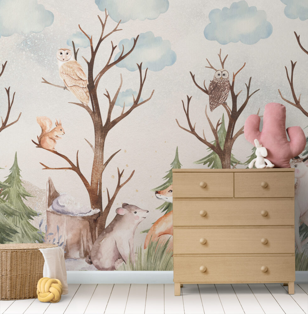 Woodland Deer Fox Wallpaper : Watercolour Forest Nursery Mural - View 6