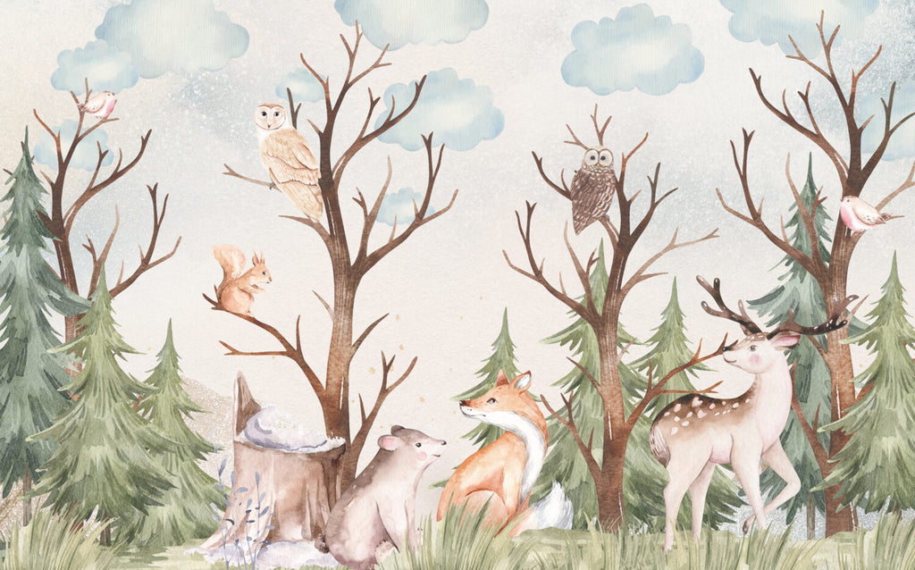 Woodland Deer Fox Wallpaper : Watercolour Forest Nursery Mural - View 2