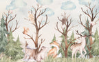 Woodland Deer Fox Wallpaper : Watercolour Forest Nursery Mural - View 2
