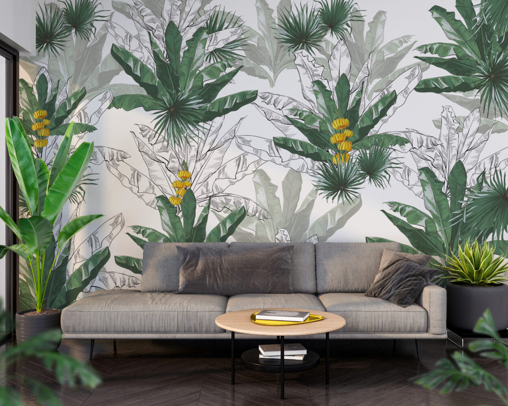 Line Art Banana Leaf Wallpaper : Sketch Tropical Mural - View 3