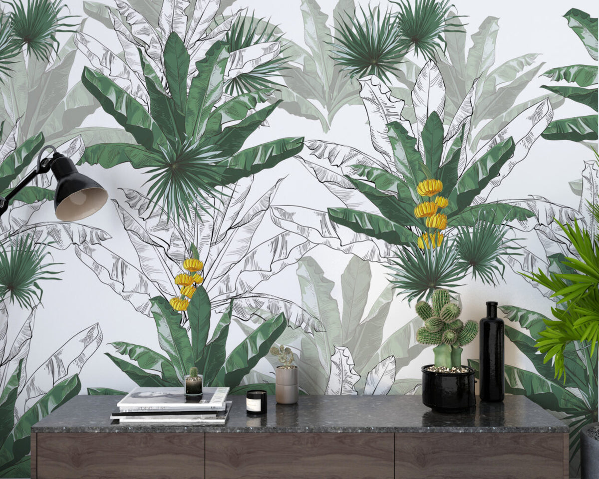 Line Art Banana Leaf Wallpaper : Sketch Tropical Mural - View 5