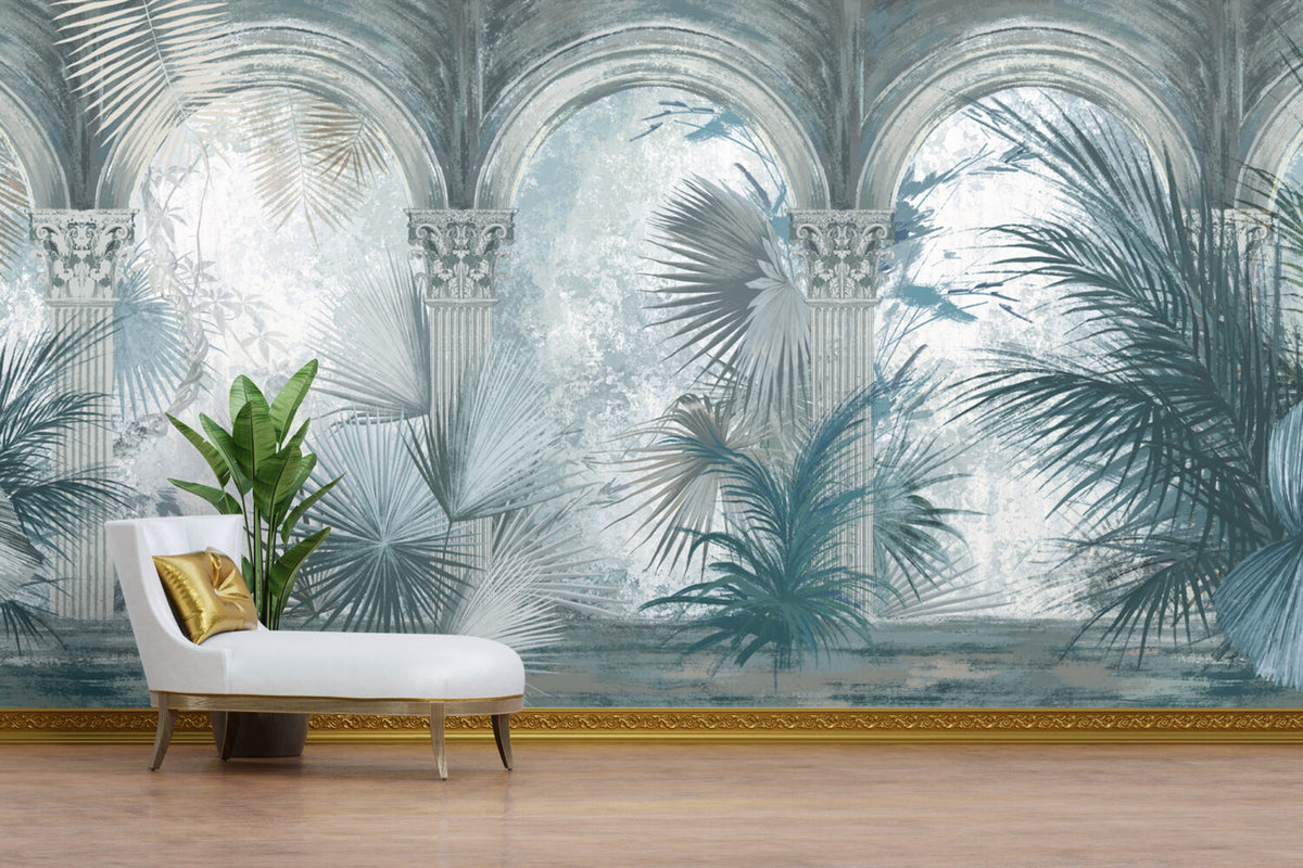 Blue Palace Garden Wallpaper : Arched Colonnade Palm Mural
