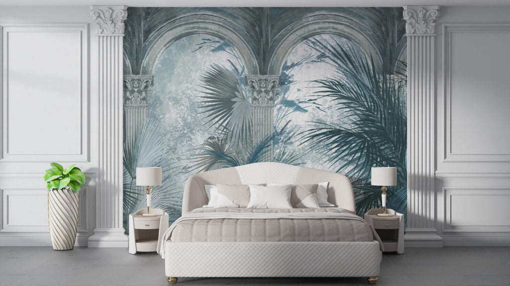 Blue Palace Garden Wallpaper : Arched Colonnade Palm Mural - View 3