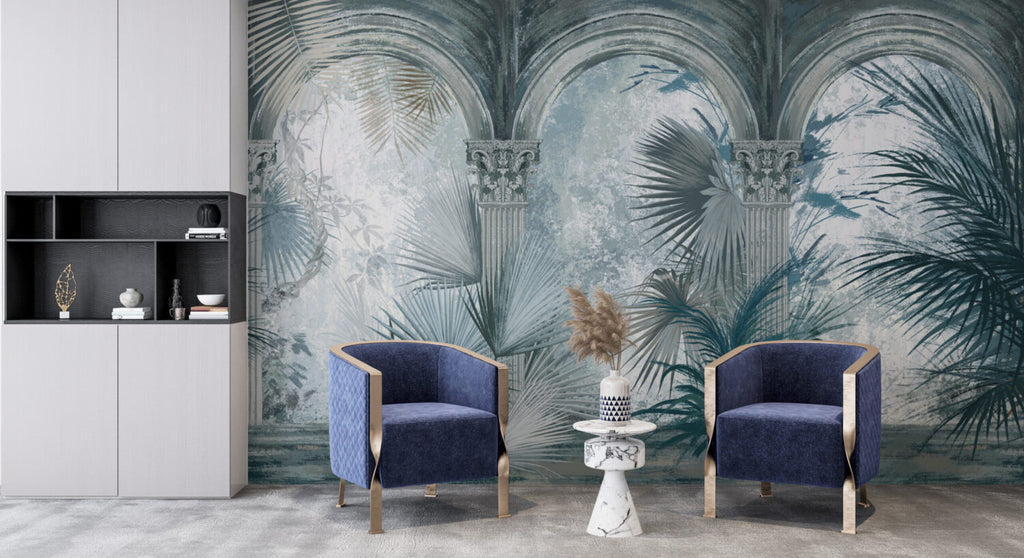 Blue Palace Garden Wallpaper : Arched Colonnade Palm Mural - View 5