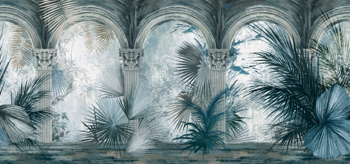 Blue Palace Garden Wallpaper : Arched Colonnade Palm Mural - View 2