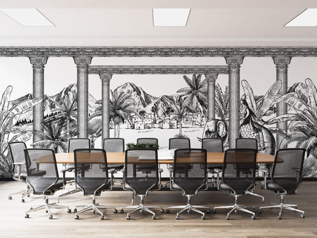 Black White Palace Garden Wallpaper : Sketch Village Palm Mural