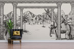 Black White Palace Garden Wallpaper : Sketch Village Palm Mural - View 3