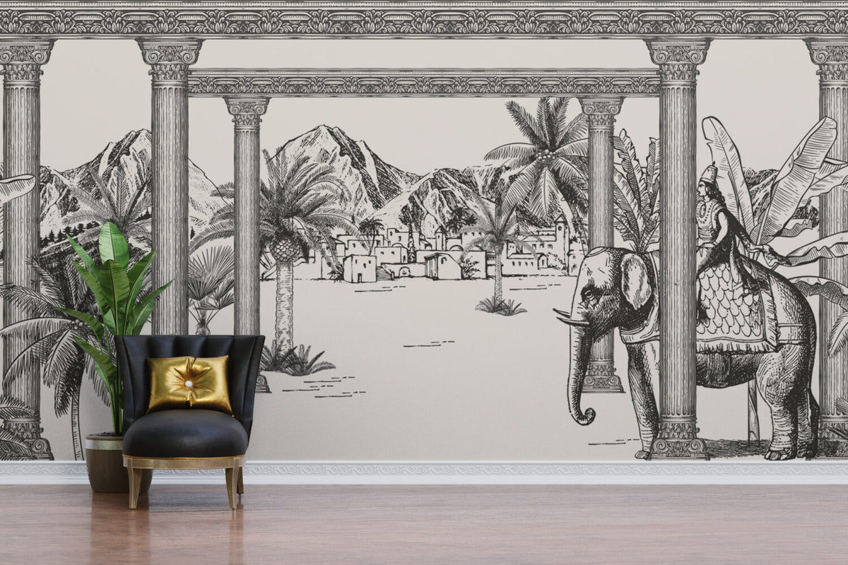 Black White Palace Garden Wallpaper : Sketch Village Palm Mural - View 3