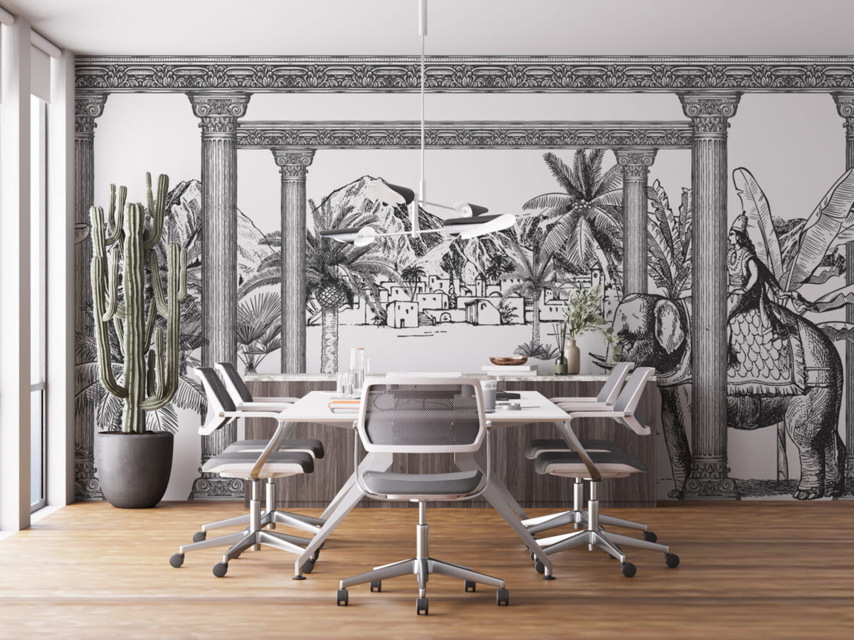 Black White Palace Garden Wallpaper : Sketch Village Palm Mural - View 4