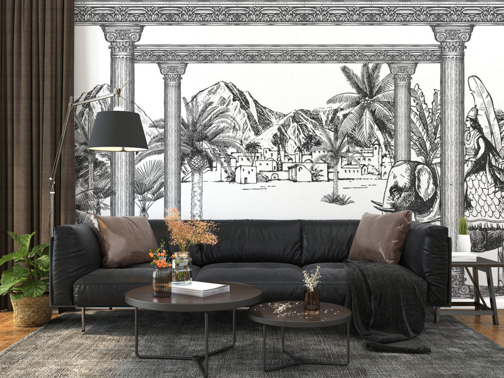 Black White Palace Garden Wallpaper : Sketch Village Palm Mural - View 5