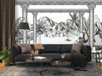 Black White Palace Garden Wallpaper : Sketch Village Palm Mural - View 5