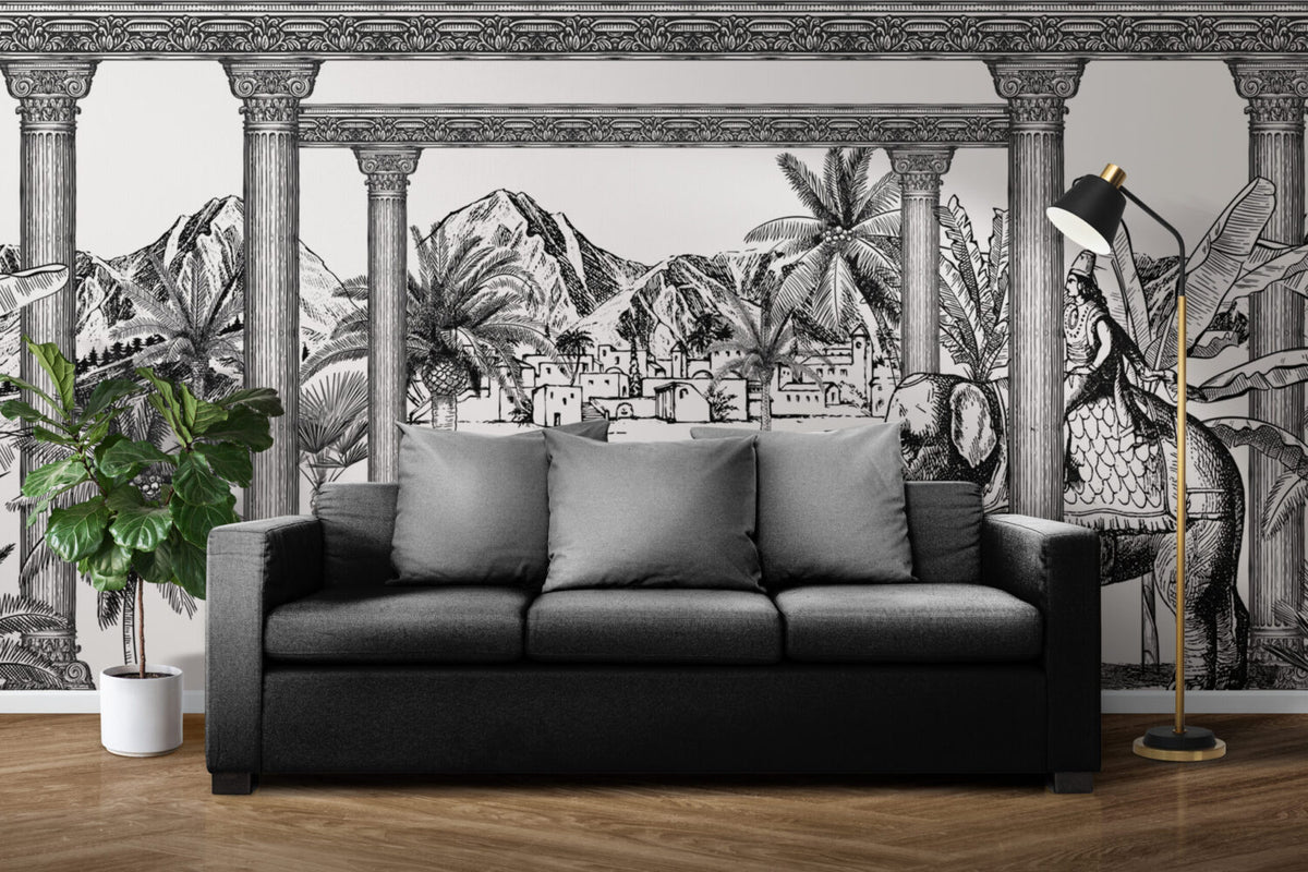 Black White Palace Garden Wallpaper : Sketch Village Palm Mural - View 6