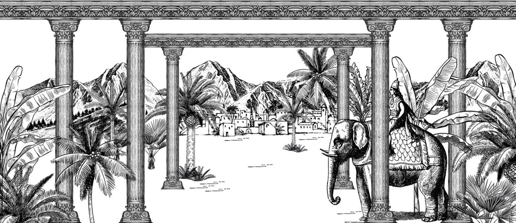 Black White Palace Garden Wallpaper : Sketch Village Palm Mural - View 2