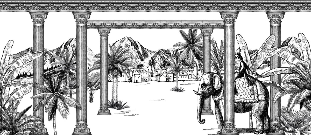 Black White Palace Garden Wallpaper : Sketch Village Palm Mural - View 2
