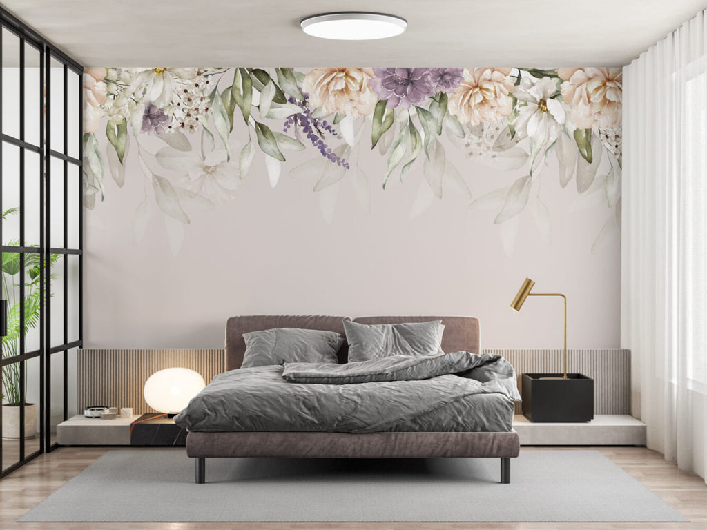 Hanging Flower Garland Wallpaper : Soft Taupe Floral Mural - View 6