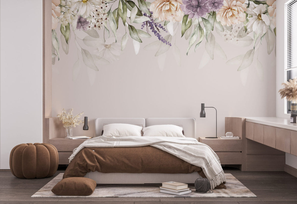 Hanging Flower Garland Wallpaper : Soft Taupe Floral Mural - View 3