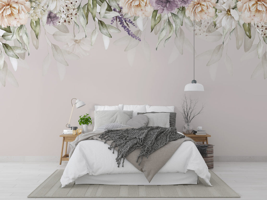 Hanging Flower Garland Wallpaper : Soft Taupe Floral Mural - View 5
