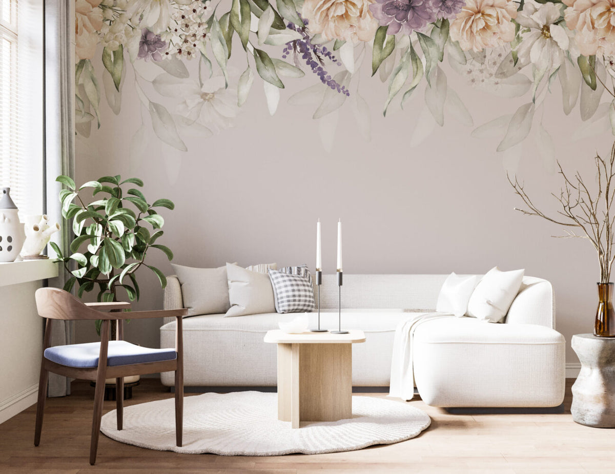 Hanging Flower Garland Wallpaper : Soft Taupe Floral Mural