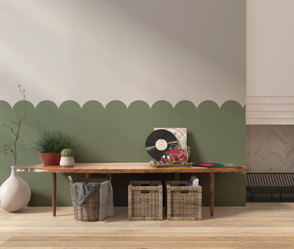 Green Scallop Wainscot Wallpaper : Two-Tone Arch Border Mural - View 3