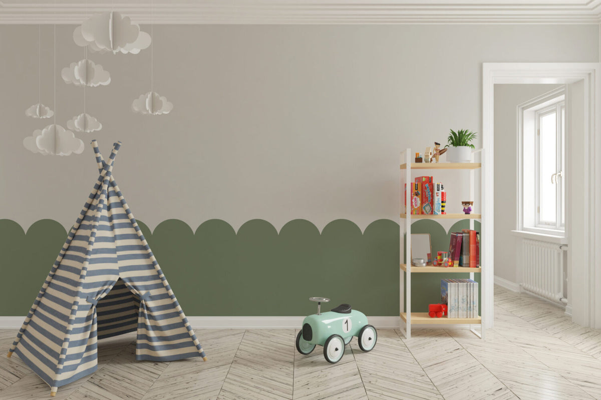 Green Scallop Wainscot Wallpaper : Two-Tone Arch Border Mural