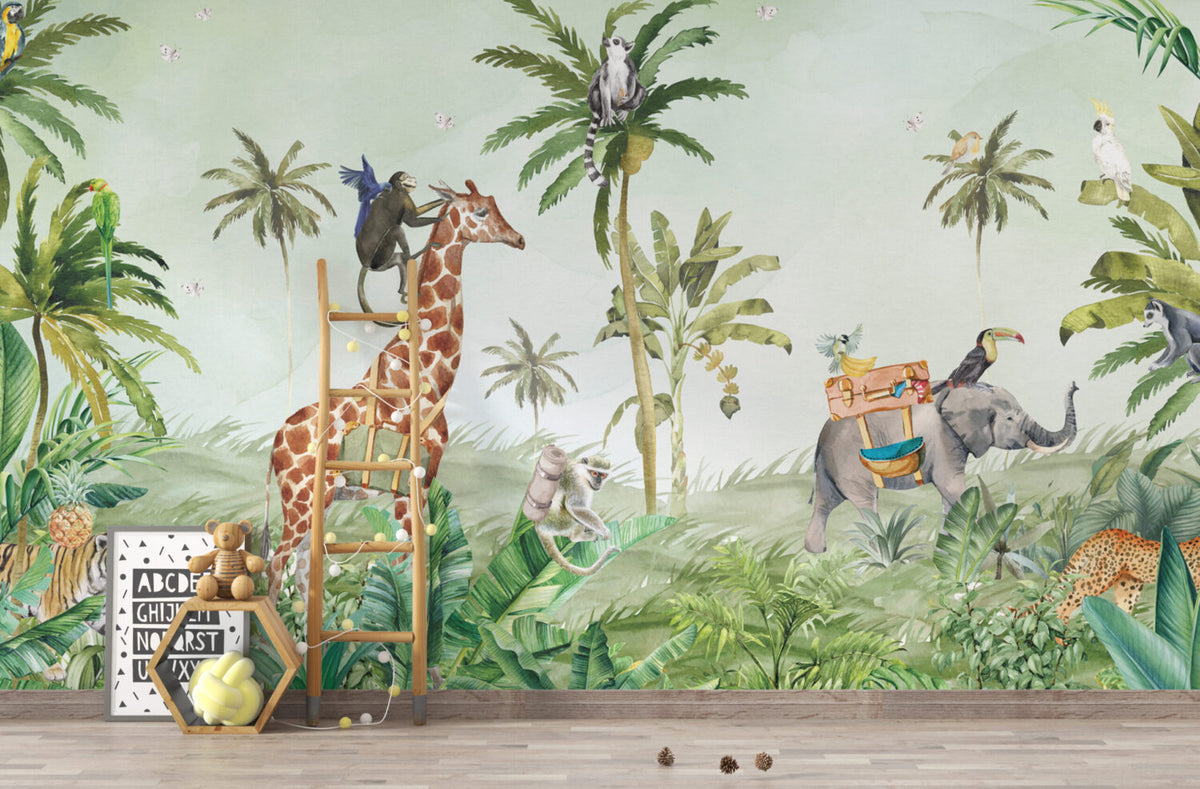Safari Jungle Giraffe Wallpaper : Watercolour Elephant Palm Mural