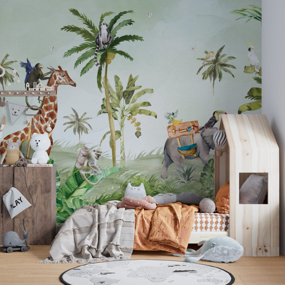 Safari Jungle Giraffe Wallpaper : Watercolour Elephant Palm Mural - View 3