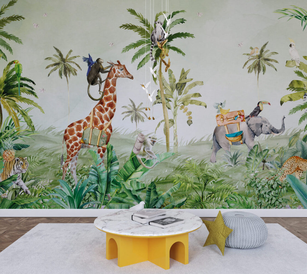 Safari Jungle Giraffe Wallpaper : Watercolour Elephant Palm Mural - View 4