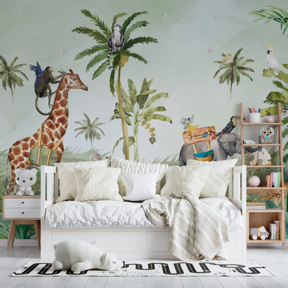 Safari Jungle Giraffe Wallpaper : Watercolour Elephant Palm Mural - View 5