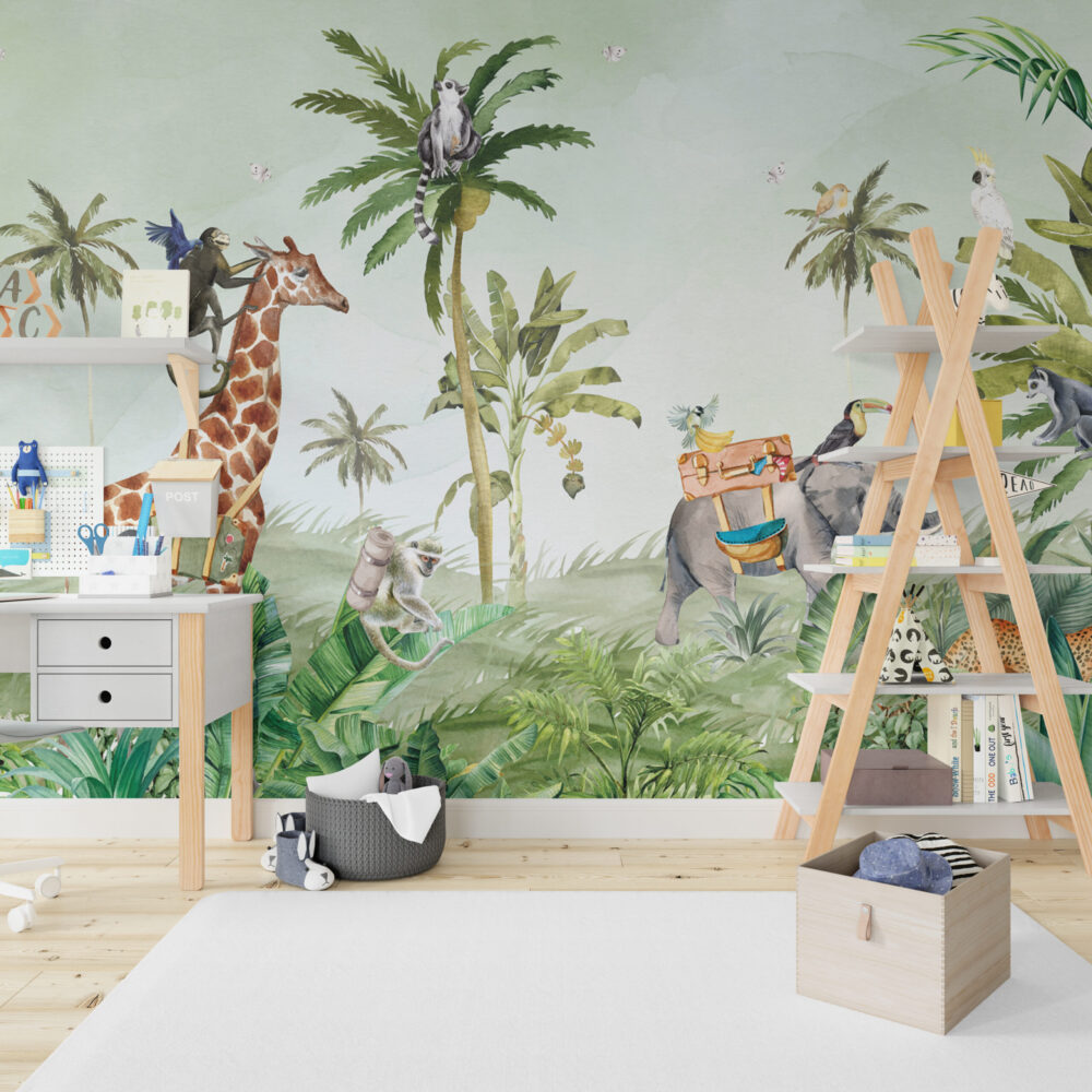 Safari Jungle Giraffe Wallpaper : Watercolour Elephant Palm Mural - View 6