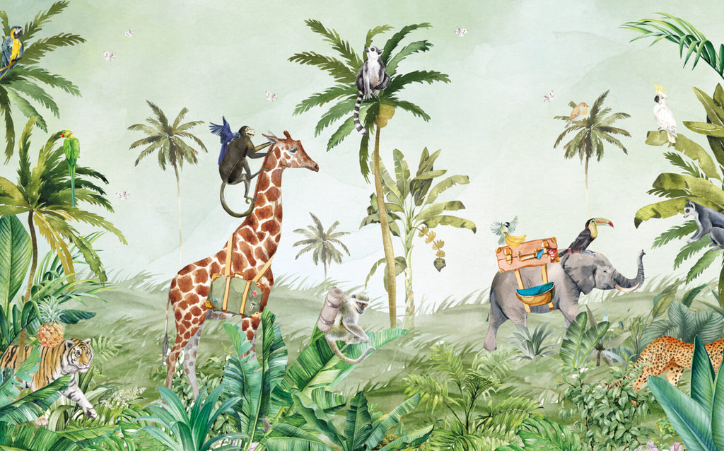 Safari Jungle Giraffe Wallpaper : Watercolour Elephant Palm Mural - View 2