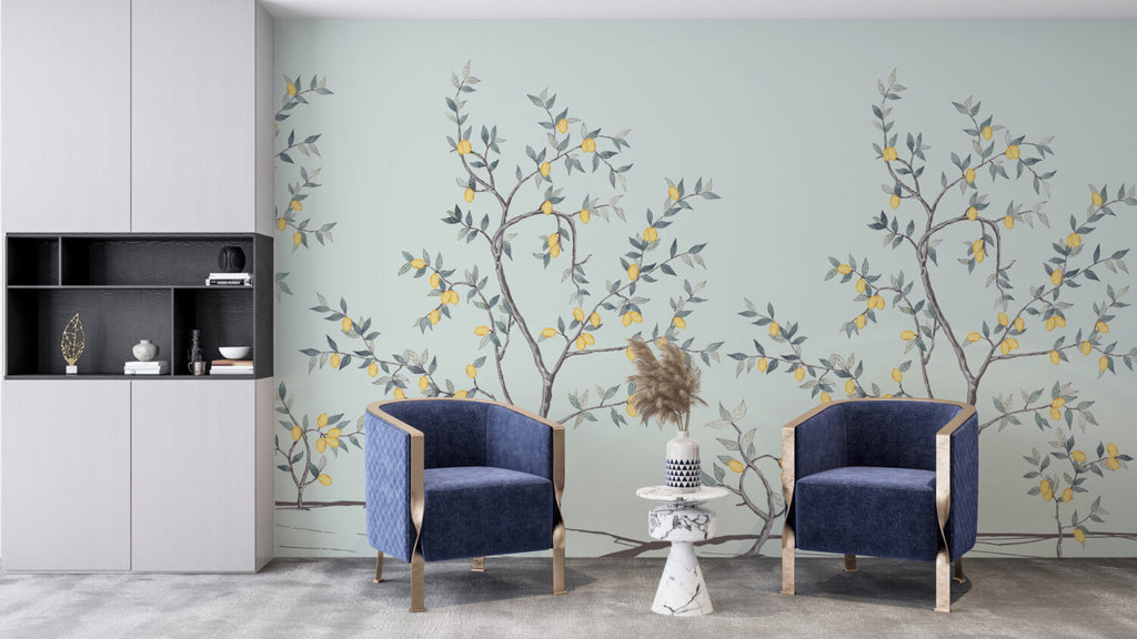 Lemon Tree Branch Wallpaper : Soft Mint Citrus Mural - View 3