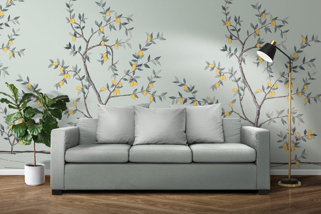 Lemon Tree Branch Wallpaper : Soft Mint Citrus Mural - View 6
