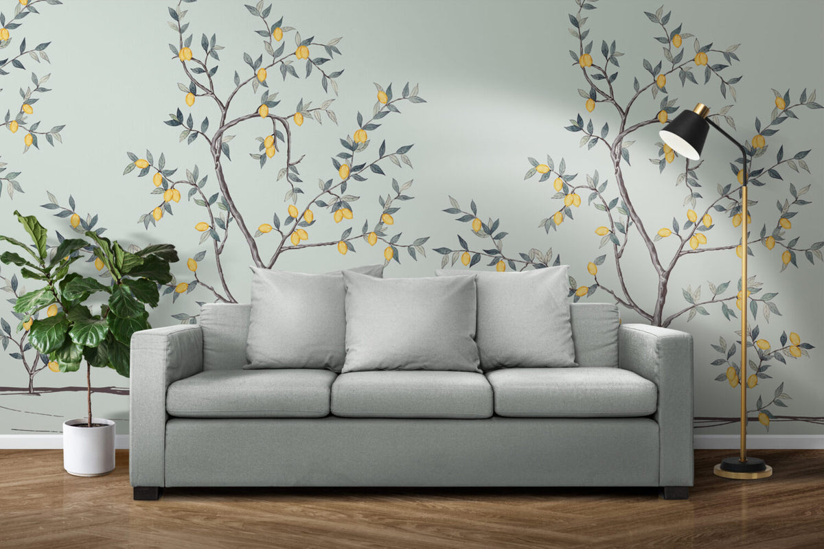 Lemon Tree Branch Wallpaper : Soft Mint Citrus Mural - View 6