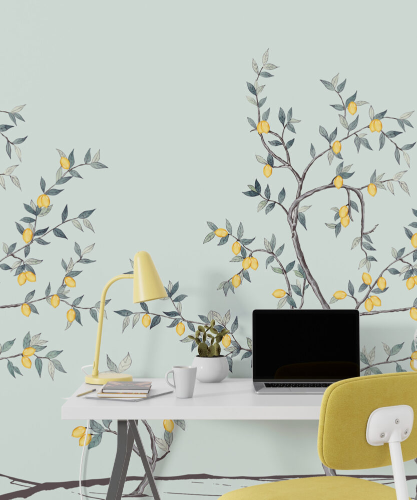 Lemon Tree Branch Wallpaper : Soft Mint Citrus Mural - View 5